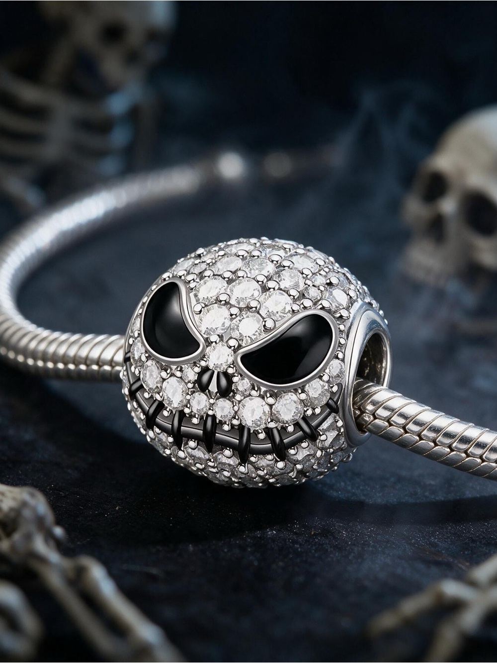 Sterling Silver Skull Pavé Charm Bead with Black Enamel Eyes